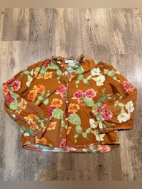 Beatrice Valenzuela Brown and Green Cactus Floral Long Sleeve Top 3/Large